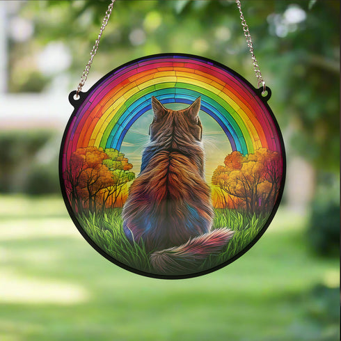 Maine Coon Cat Rainbow Bridge Stained Glass Effect Suncatcher